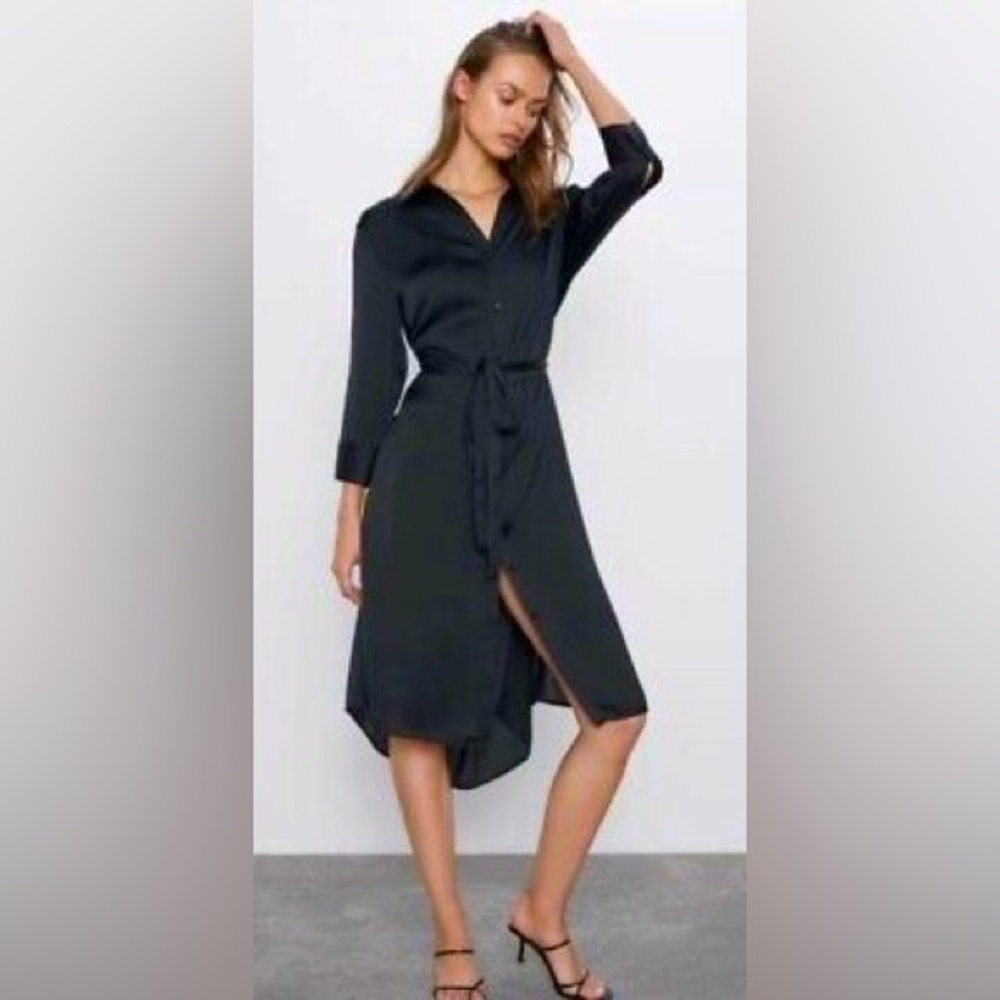 ZARA Satin Effect Black Shirt‎ Midi Dress size XS